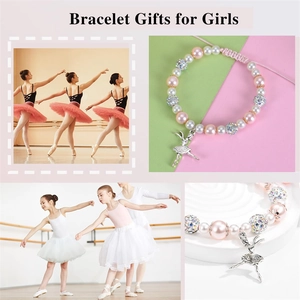 Pink and white pearl bracelet with ballerina pendant and adjustable cord for girls