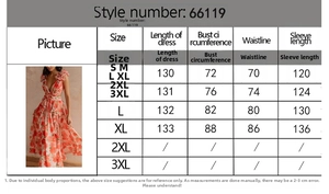 Detailed size chart for the deep V-neck floral maxi dress with ruffle sleeve details