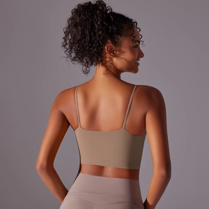 Detailed back view of high-impact khaki sports bra with thin straps and flat seams