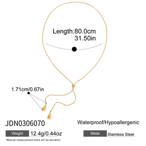 Détails du collier en Y en acier inoxydable doré avec dimensions et poids précisés