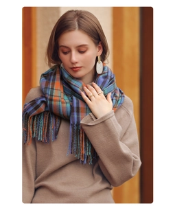 Detailed view of the soft plaid winter scarf with tassels and colorful check pattern