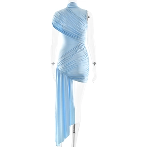 Rear view of light blue asymmetrical bodycon dress with side ribbon and ruched detail