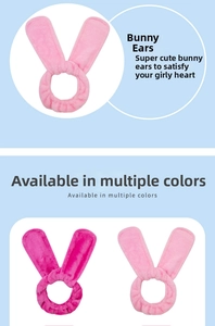 Detail of plush rabbit ear headbands in soft pink and rose colors for face washing