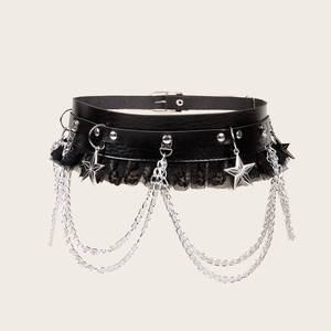 Punk Gothic Faux Leather Lace Patchwork Corset Belt Metal Chain Star Pendant Women Hip Hop Alternative Fashion Waist Cincher