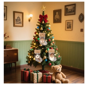 Three silver Christmas stockings with plush cuffs hanging on a festive decorated tree