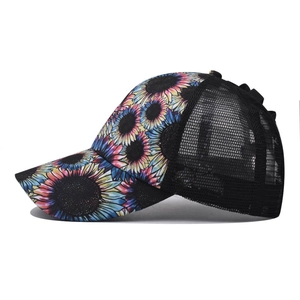 Sunflower print ponytail baseball cap with breathable mesh back and adjustable opening