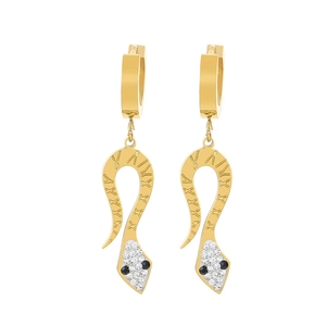 Golden snake hoop earrings in 18K gold-plated titanium steel with white and black crystals