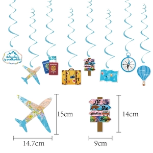 Detail of travel party hanging swirls showing airplane and road sign dimensions
