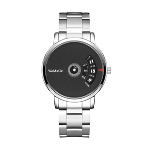 Fashionable WoMaGe quartz watch with unique black rotating dial and silver steel band.