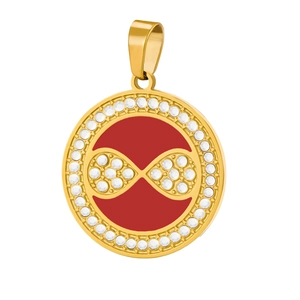 Macro detail of gold pendant with red enamel, crystal infinity symbol and outer ring