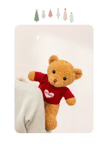 Détail d'un ours en peluche mignon avec pull rouge, broderie cœur et inscription Loves