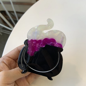 Halloween witch cauldron hair claw clip with colorful boiling smoke for women hair styling