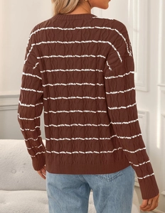 Detail of chunky cable knit texture on women's striped brown and white cardigan sweater