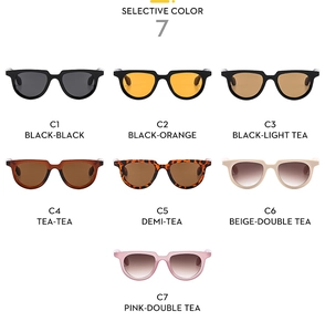 Detailed color chart of stylish sunglasses showing seven distinct frame and lens options