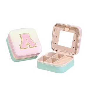 Gradient pink and green travel jewelry box with gold letter A towel embroidery