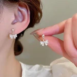 Bowknot Stud Earrings With 925 Sterling Silver Earring Post Copper Zircon Sweet Elegant Shiny Jewelry For Women