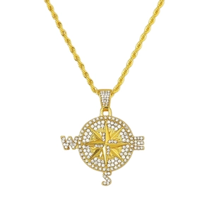 Collier pendentif boussole hip hop avec strass dorés et chaîne torsadée pour hommes