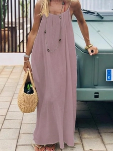 Lotus pink ice silk pleated maxi beach dress with open back and thin straps