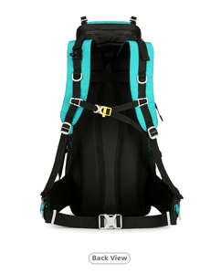 Ergonomic breathable mesh back panel and adjustable straps on blue hiking backpack