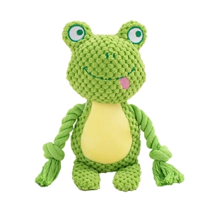 Green plush frog squeaky toy with durable cotton ropes for pet dog interaction