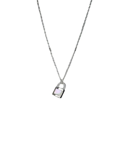 Minimalist 925 sterling silver key lock necklace with shimmering purple pearl pendant