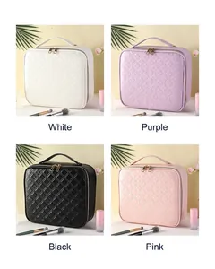 Collage of quilted leather makeup bags in four colors with handle and dual zippers