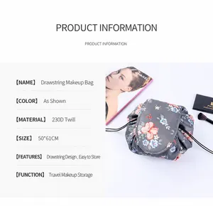 Detail of 230D twill floral drawstring makeup bag showing 50x61CM flat size