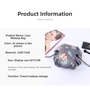 Detail of 230D twill floral drawstring makeup bag showing 50x61CM flat size