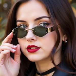 Detail of rimless hexagonal sunglasses with diamond cut edges and gold rivets on model