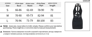 Detailed sizing chart for women's halter lace dress showing S, M, L measurements in CM