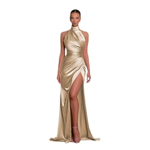 Elegant champagne satin halter neck maxi dress with high side slit and sleeveless design