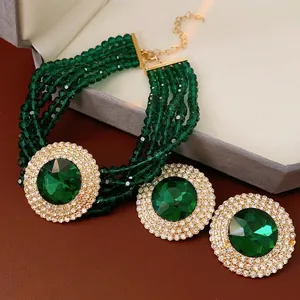 Luxury emerald green crystal jewelry set with round pavé diamond necklace and earrings