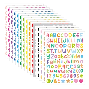 Close-up of 12 colorful PVC alphabet and number stickers for scrapbooking and DIY cards