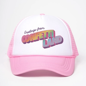 Pink and white mesh trucker hat with 3D rainbow Greetings from CONFETTI LAND text