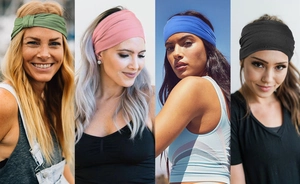 Collage of four women wearing wide elastic yoga headbands in olive, pink, blue, and black