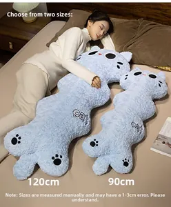Blue plush cat long pillow cushions in 120cm and 90cm sizes on a bedroom bed