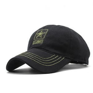 Detailed view of U.S. ARMY embroidery on black camouflage baseball cap with stitched brim