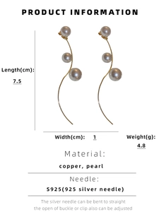 Detailed specs of gold S-shaped long pearl drop earrings with S925 silver pins