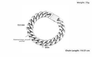 Close-up of 13.5mm wide polished stainless steel Cuban link bracelet showing detailed dimensions
