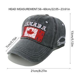 Detailed view of grey baseball cap with Canada maple leaf embroidery and dimensions