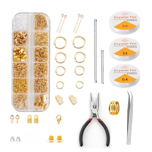 Golden DIY jewelry making kit with lobster clasps jump rings and professional tools