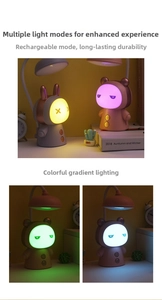 Detail view of colorful LED night light modes on astronaut and bear cartoon desk lamps
