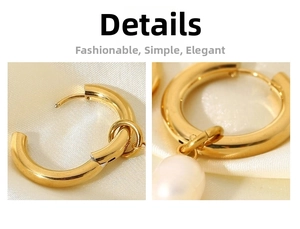 Detail of 18K gold-plated stainless steel hoop earring with a white pearl drop pendant
