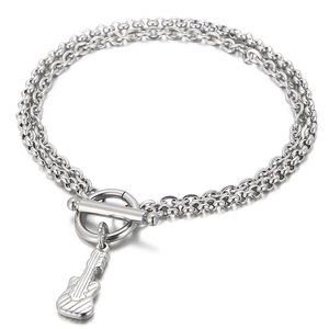 Double-layered silver titanium steel bracelet with guitar pendant and toggle OT clasp