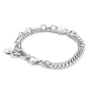 Silver layered stainless steel chain bracelet with white pearl and round tag on white background