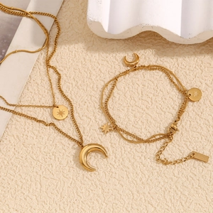 Layered Moon And Star Necklace Dainty Stainless Steel 18K Gold Plated Octagram Pendant Elegant Jewelry For Women