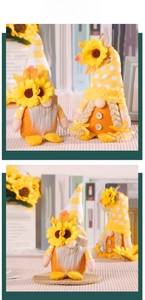 Detail of yellow gnome plush set with sunflower accents and checkered pointed hats