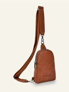 Detail of vintage brown leather chest bag with adjustable strap and metal hardware hooks