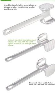 Close-up of double-sided meat tenderizer hammer with textured teeth and flat surface