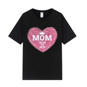 Women's black cotton T-shirt featuring Mother's Day Mom Queen heart graphic print